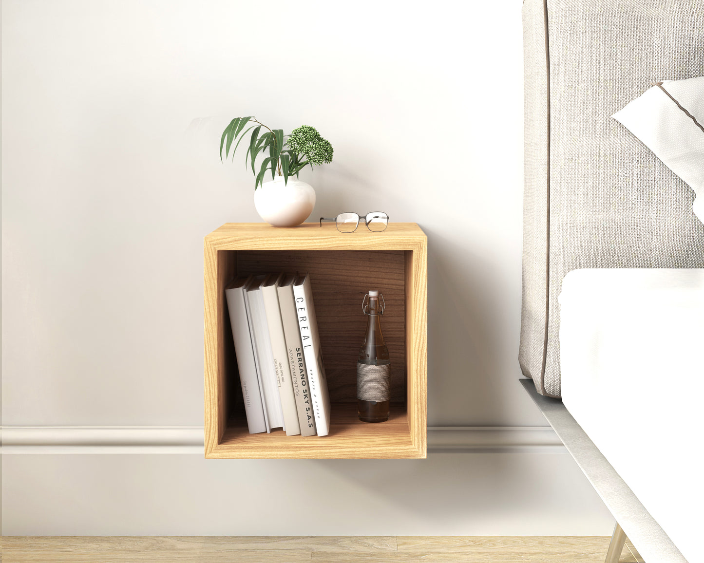 Solid Cherry Wood Floating Nightstand / Floating Cherry Bedside Table / Mid-century / Book Shelf
