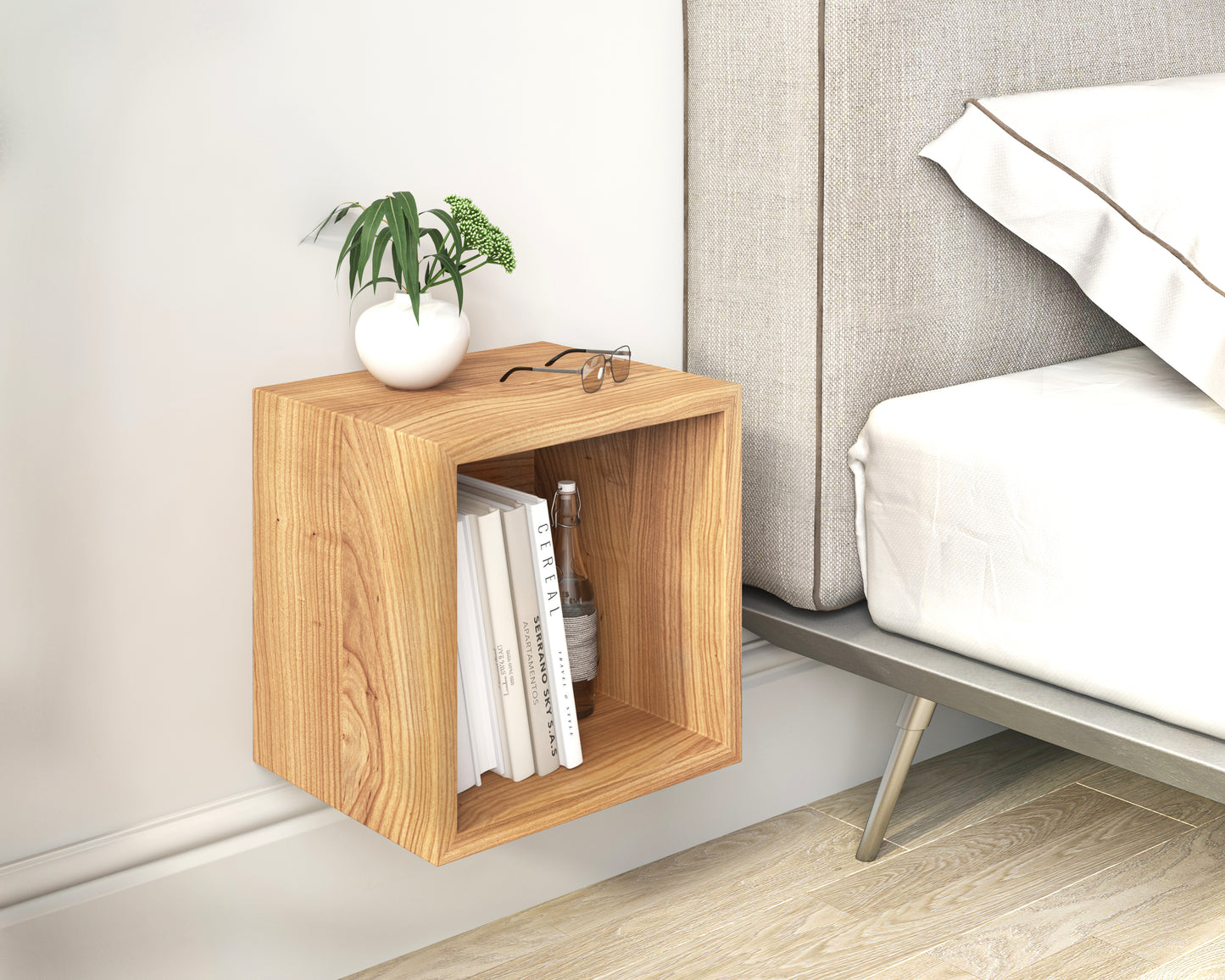 Solid Cherry Wood Floating Nightstand / Floating Cherry Bedside Table / Mid-century / Book Shelf