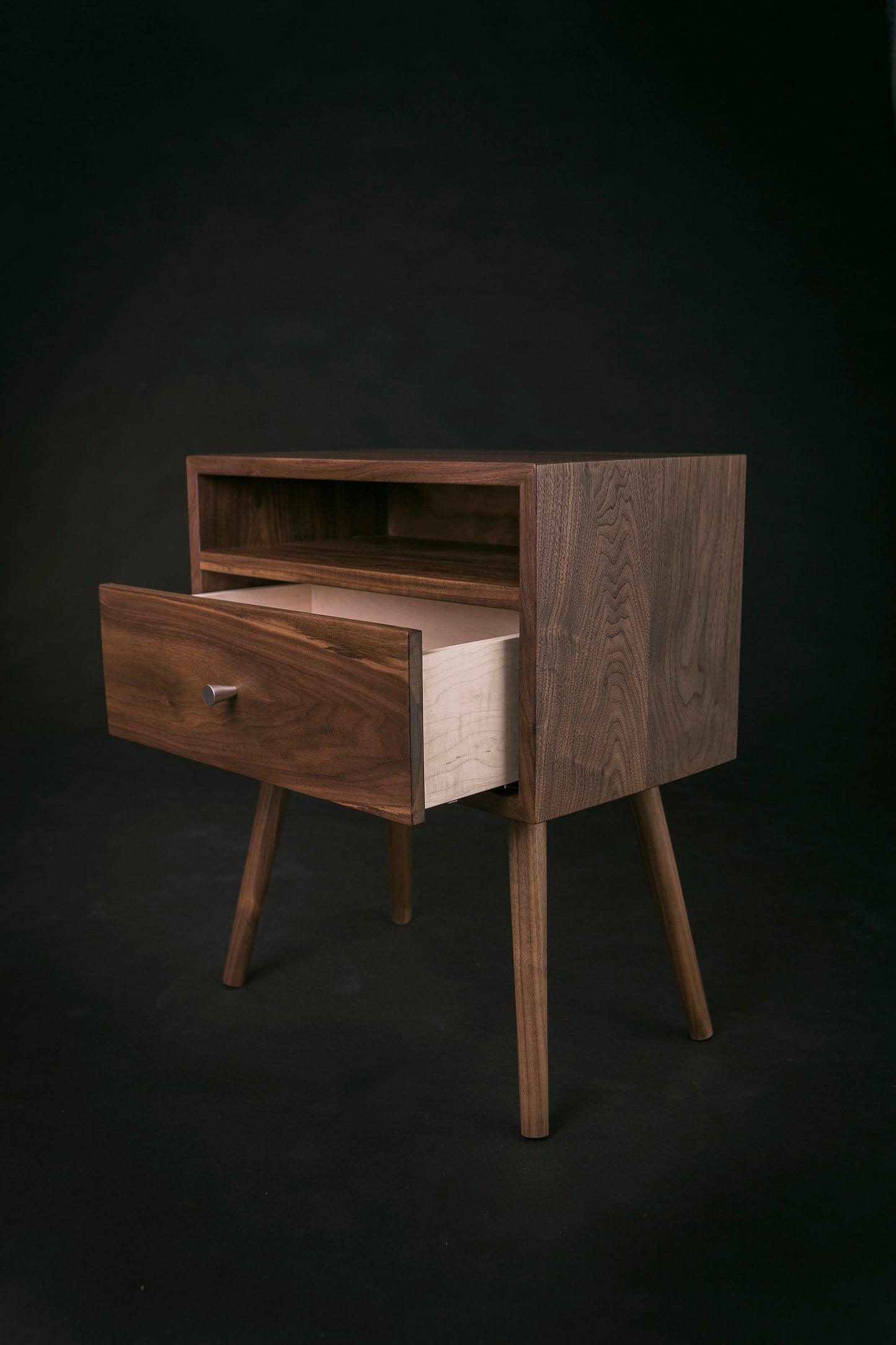 Mid century Nightstand with Open Shelf and Drawer / Solid Walnut Wood Bedside Table