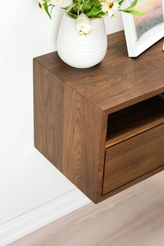 Floating Nightstand with Drawer and Open Shelf / Solid Walnut Wood Hanging Bedside Table / Scandinavian / Mid-century / Modern / Minimalist