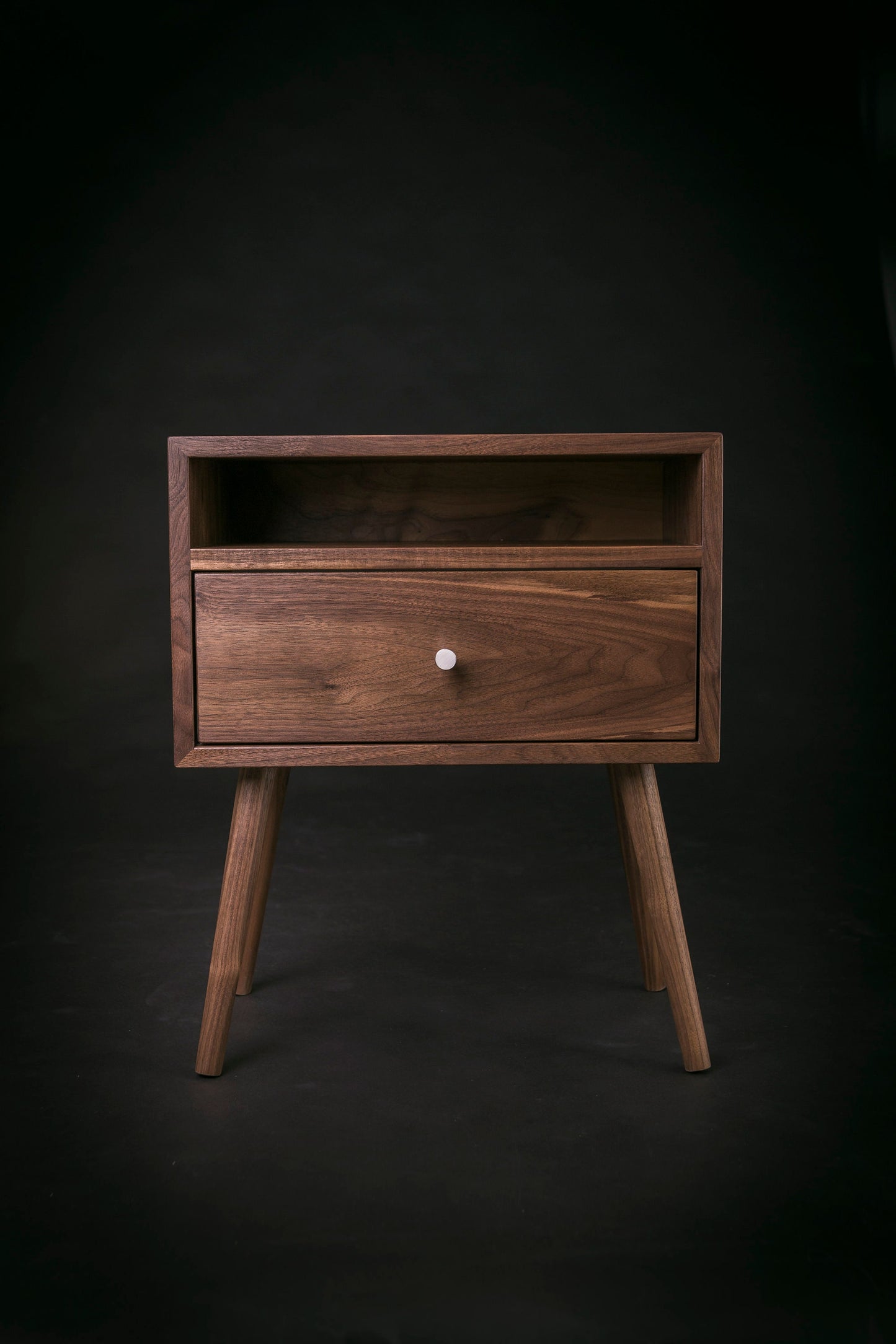 Mid century Nightstand with Open Shelf and Drawer / Solid Walnut Wood Bedside Table