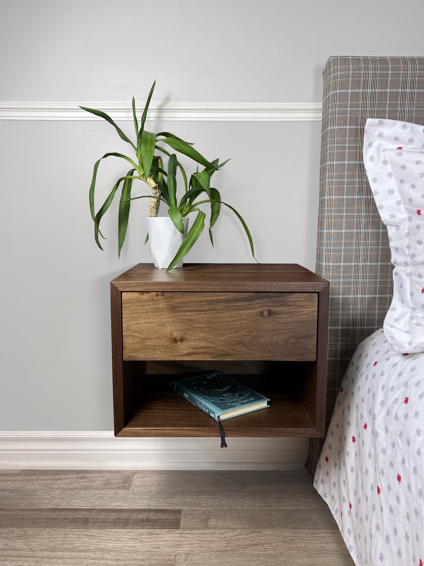 Floating Nightstand with Drawer and Open Shelf / Solid Walnut Wood Hanging Bedside Table / Scandinavian / Mid-century / Modern / Minimalist