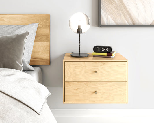 Floating nightstand with 2 drawers in solid Maple / Mid Century Modern Bedside Table / Minimalist