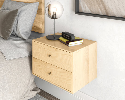 Floating nightstand with 2 drawers in solid Maple / Mid Century Modern Bedside Table / Minimalist