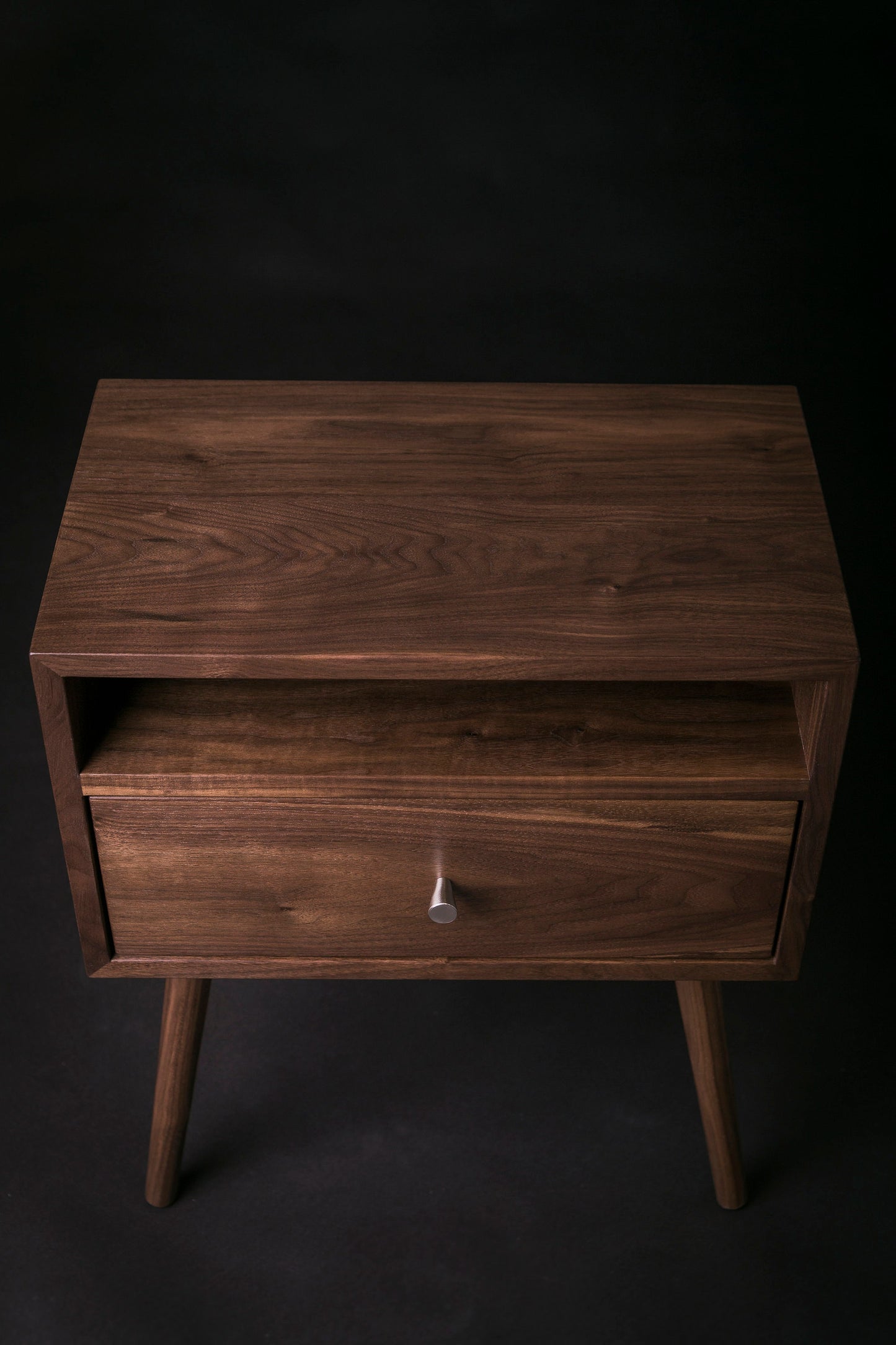 Mid century Nightstand with Open Shelf and Drawer / Solid Walnut Wood Bedside Table