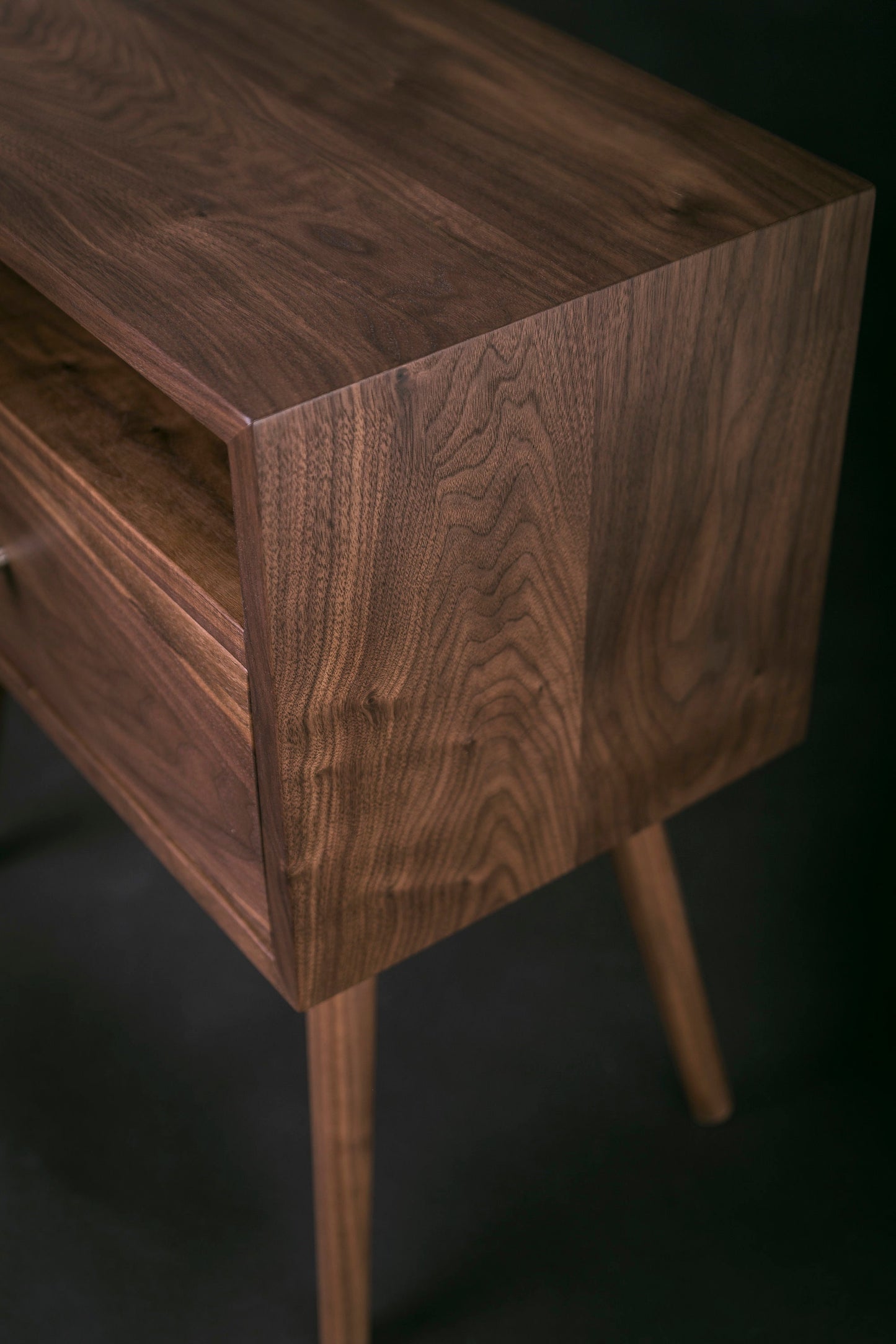 Mid century Nightstand with Open Shelf and Drawer / Solid Walnut Wood Bedside Table