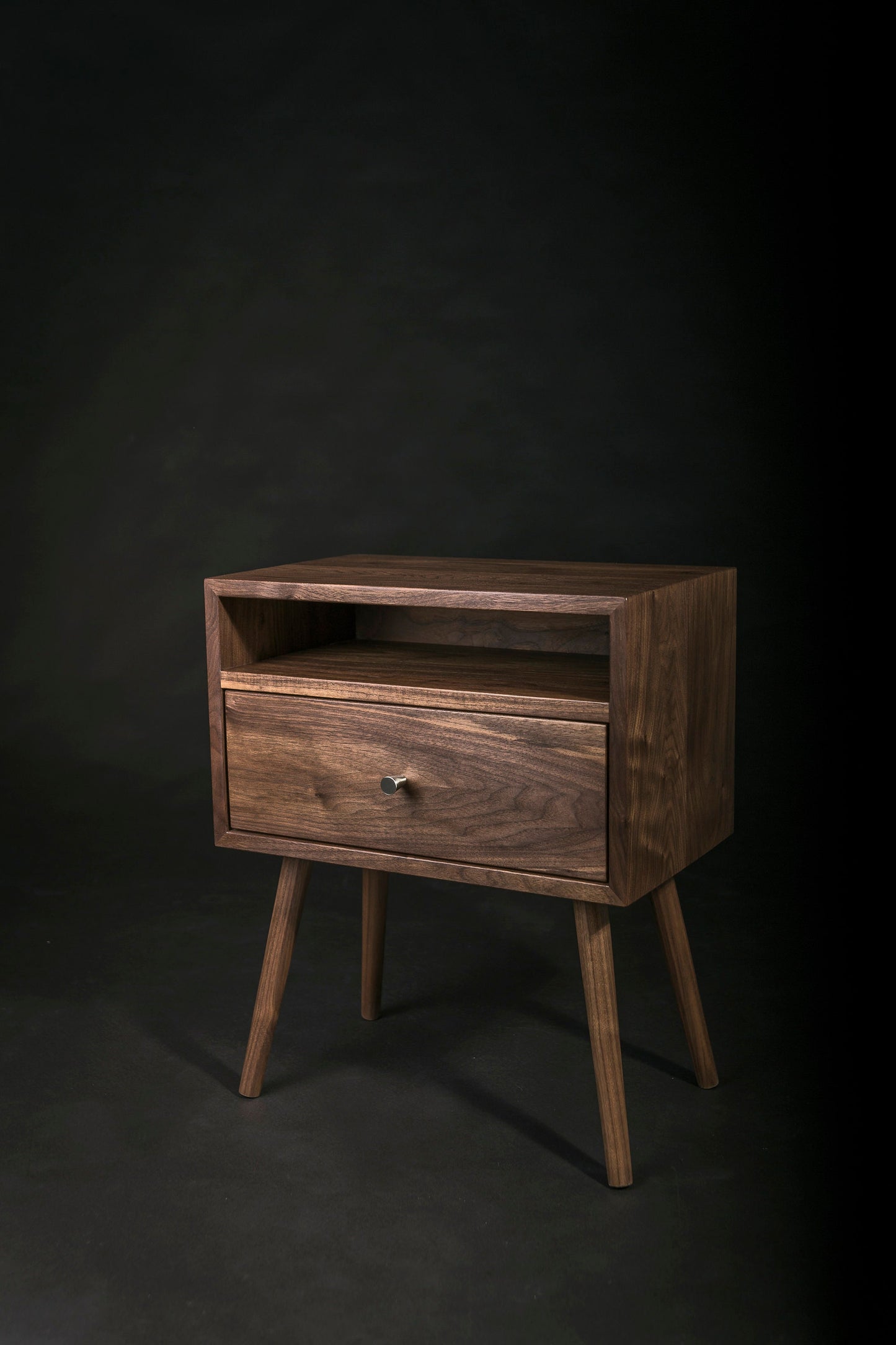 Mid century Nightstand with Open Shelf and Drawer / Solid Walnut Wood Bedside Table