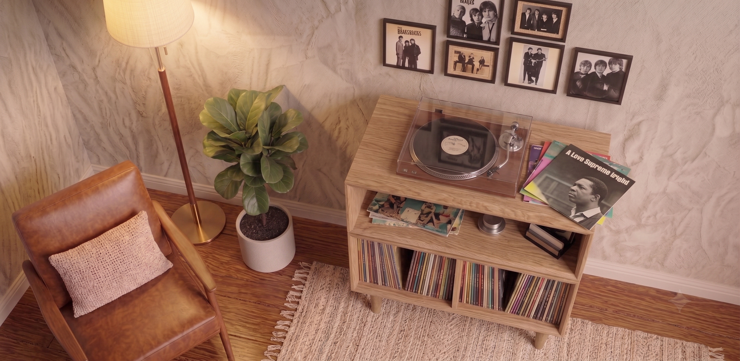 Solid White Oak Vinyl Record Console, Turntable Stand, Storage Record Player Table, Media Center, Mid-Century Modern