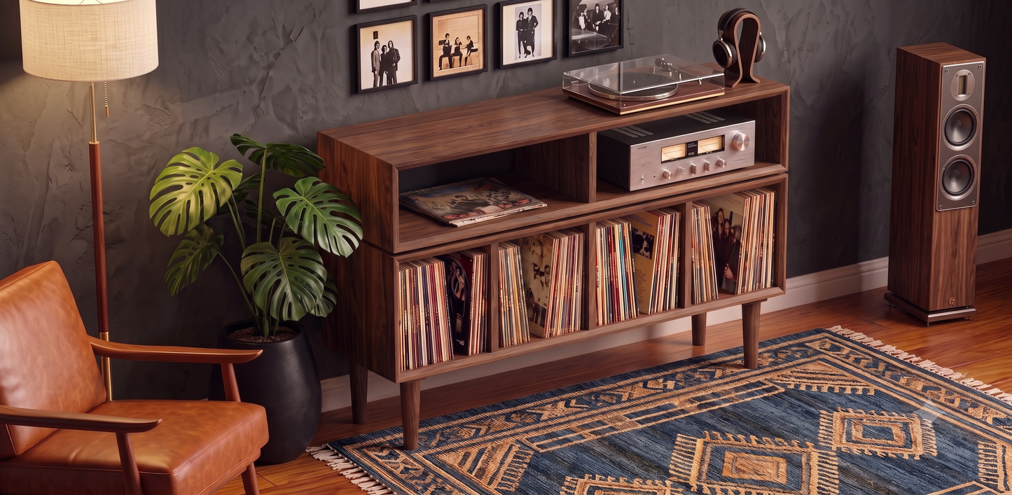 Solid Black Walnut Vinyl Record Console, Turntable Stand, Storage Record Player Table, Media Center, Mid-Century Modern (Copy)