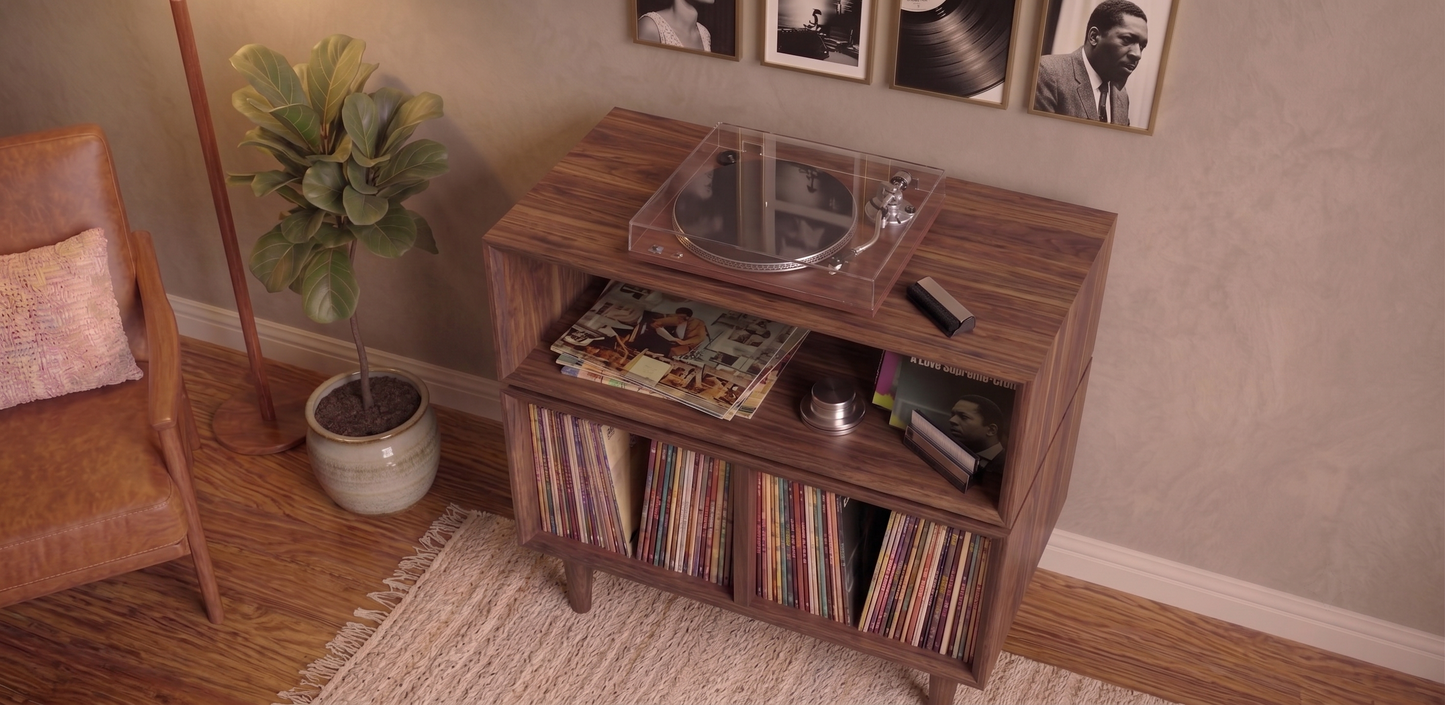 Solid Black Walnut Vinyl Record Console, Turntable Stand, Storage Record Player Table, Media Center, Mid-Century Modern