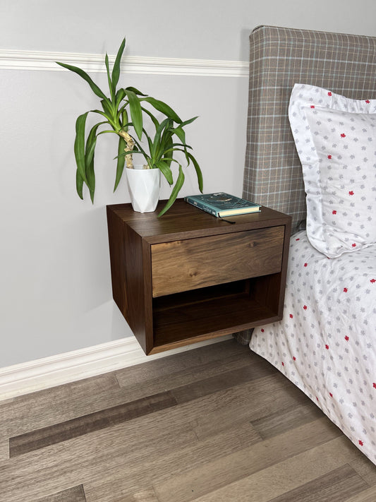 Floating Nightstand with Drawer and Open Shelf / Solid Walnut Wood Hanging Bedside Table / Scandinavian / Mid-century / Modern / Minimalist