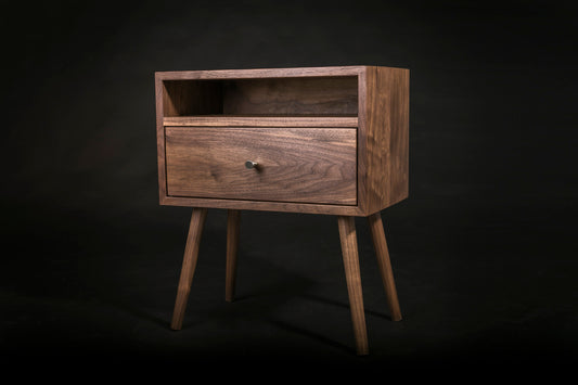 Mid century Nightstand with Open Shelf and Drawer / Solid Walnut Wood Bedside Table