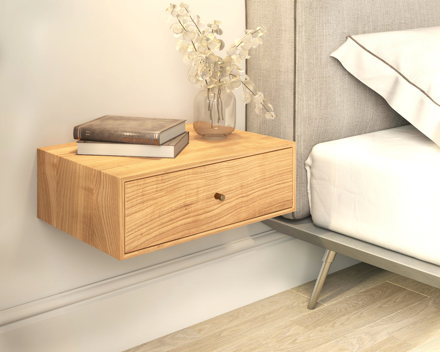 Solid Cherry Wood Floating Nightstand with Drawer / Cherry Wood Hanging Bedside Table / Scandinavian / Mid-century / Modern / Minimalist