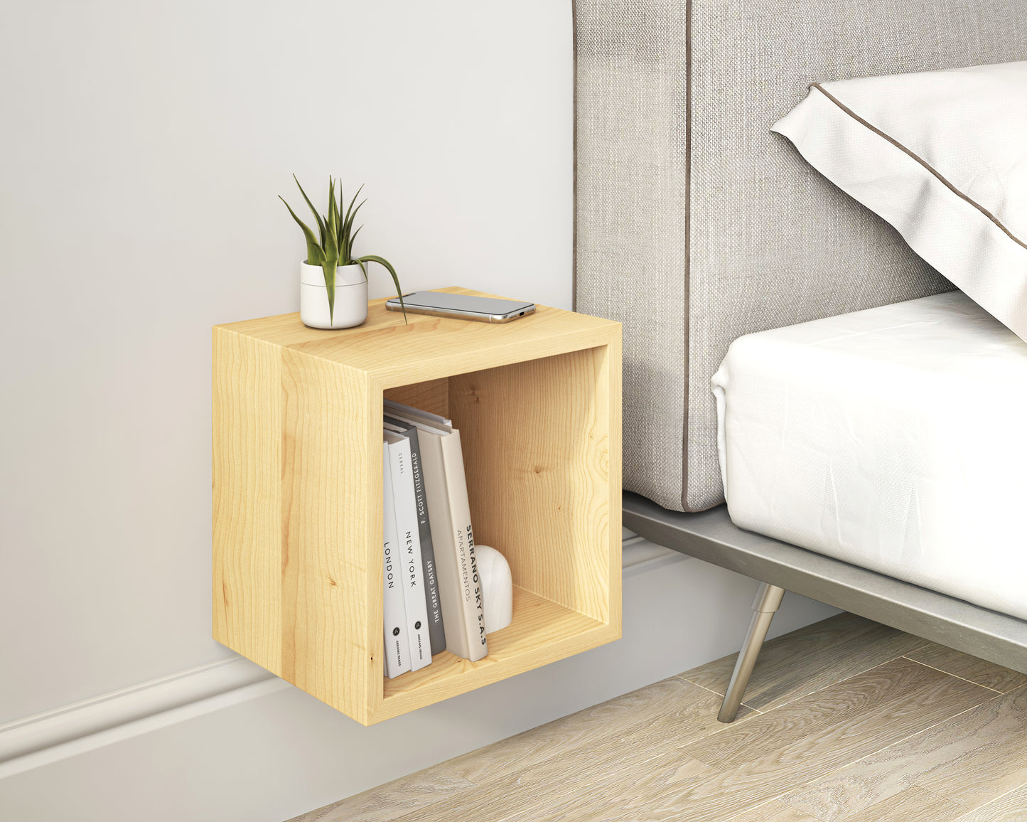 Solid Maple Wood Floating Nightstand / Floating Maple Bedside Table / Mid-century / Book Shelf