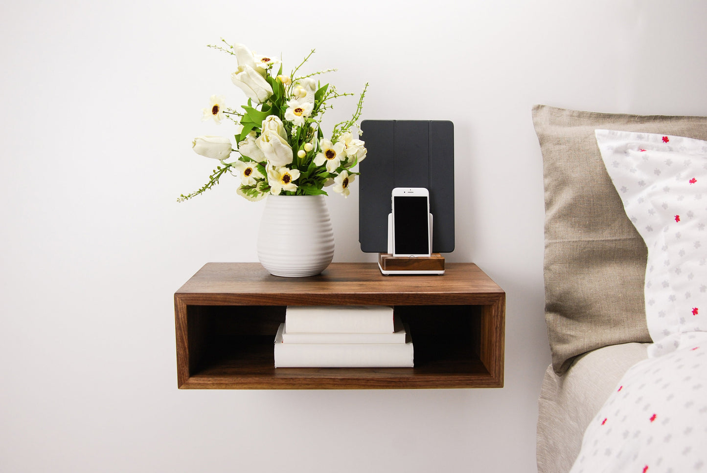 Solid Walnut Wood Floating Nightstand / Floating Walnut Bedside Table / Mid-century / Scandinavian / Eames