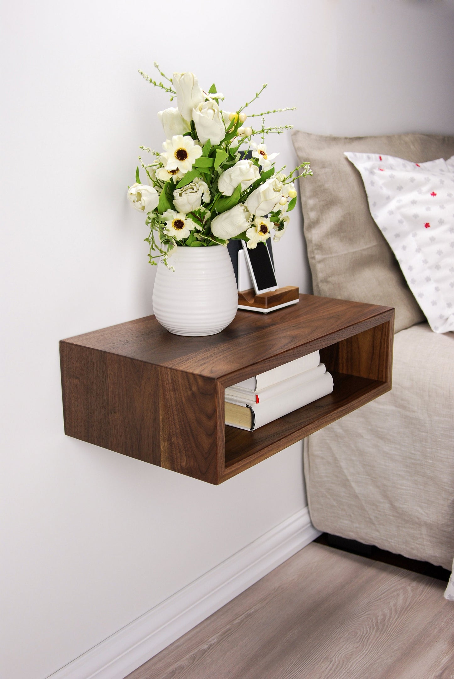 Solid Walnut Wood Floating Nightstand / Floating Walnut Bedside Table / Mid-century / Scandinavian / Eames