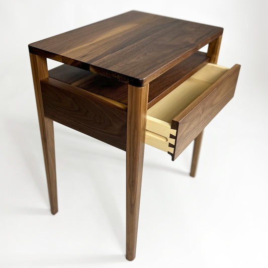 Nightstand in Solid Walnut, Bedside Table with Drawer and shelf, Mid-Century Modern Nightstand with shelf , Scandinavian Style