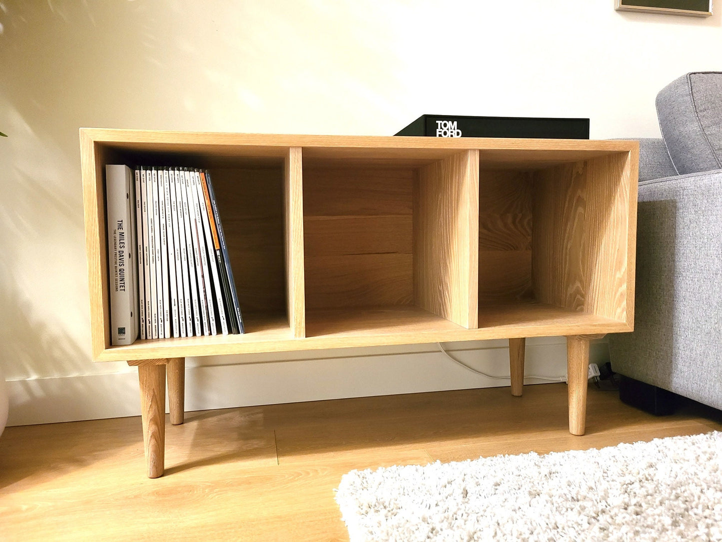 Solid White Oak Vinyl Record Console, Turntable Stand, Storage Record Player Table, Media Center, Mid-Century Modern
