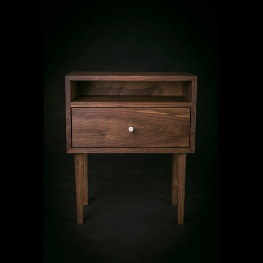 Solid Walnut Wood Mid-century Nightstand with Open Shelf and Drawer / Solid Walnut Wood Bedside Table