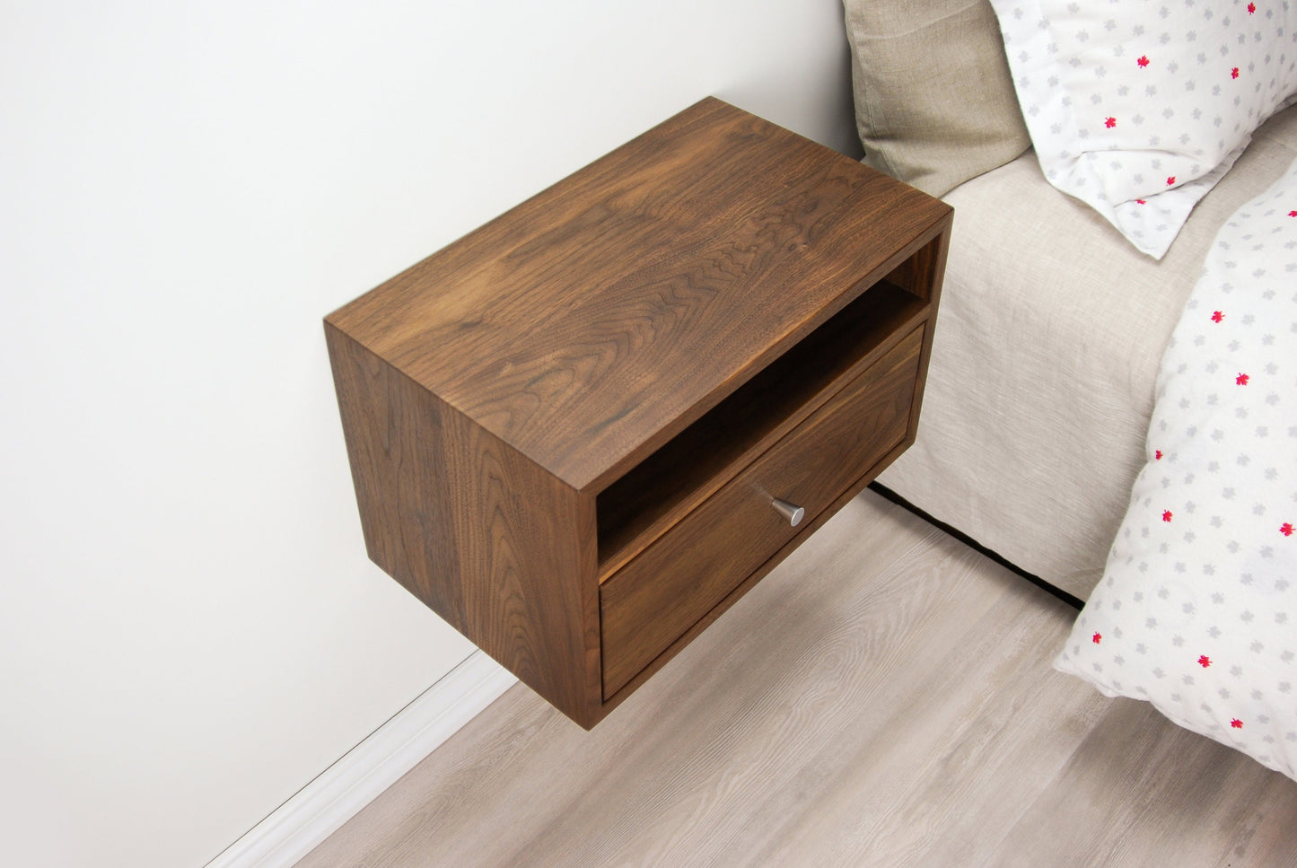 Floating Nightstand with Drawer and Open Shelf / Solid Walnut Wood Hanging Bedside Table / Scandinavian / Mid-century / Modern / Minimalist