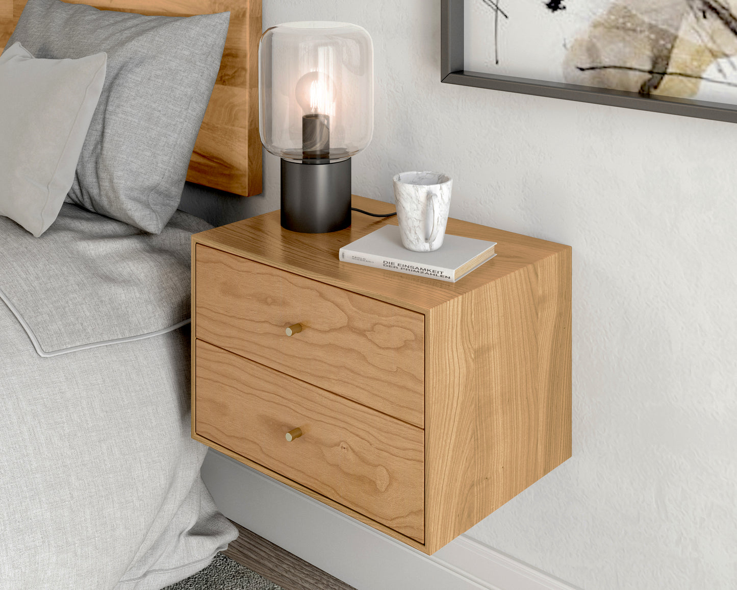 Floating nightstand with 2 drawers in solid Cherry / Mid Century Modern Bedside Table / Minimalist