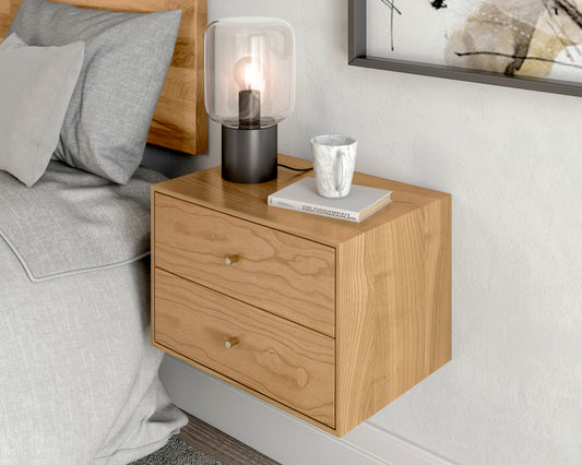 Floating nightstand with 2 drawers in solid Cherry / Mid Century Modern Bedside Table / Minimalist