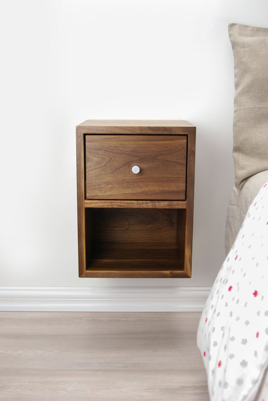 Solid Walnut Wood Compact Floating Nightstand with Drawer and Open Shelf / Wood Hanging Bedside Table / Scandinavian / Mid-century / Modern