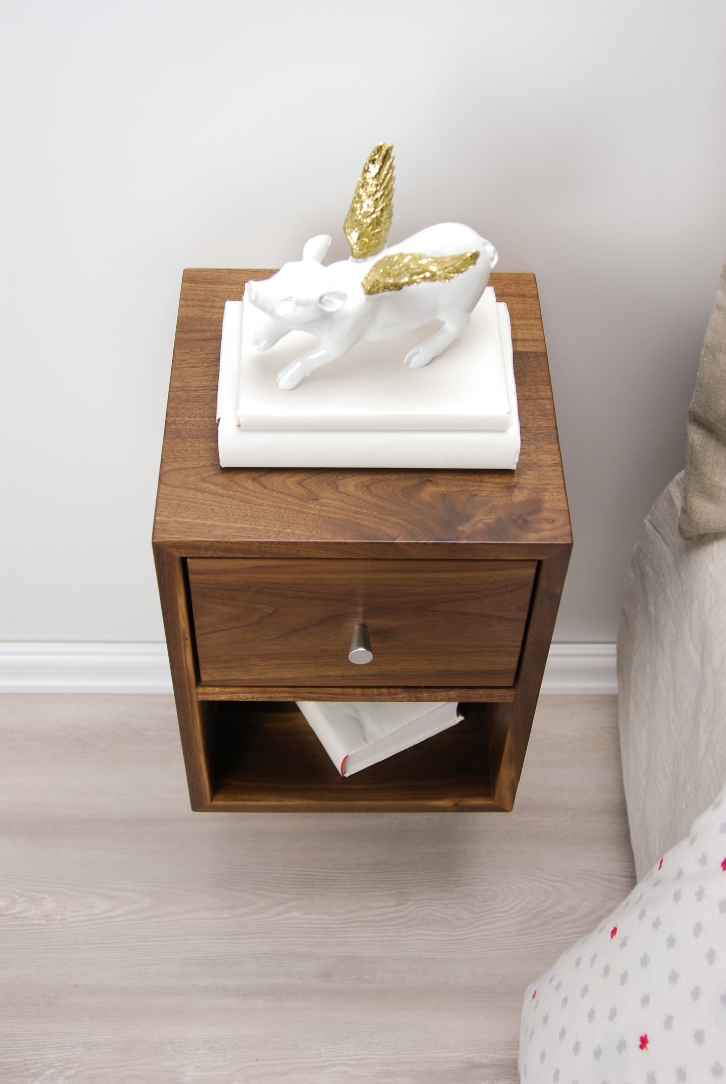 Solid Walnut Wood Compact Floating Nightstand with Drawer and Open Shelf / Wood Hanging Bedside Table / Scandinavian / Mid-century / Modern