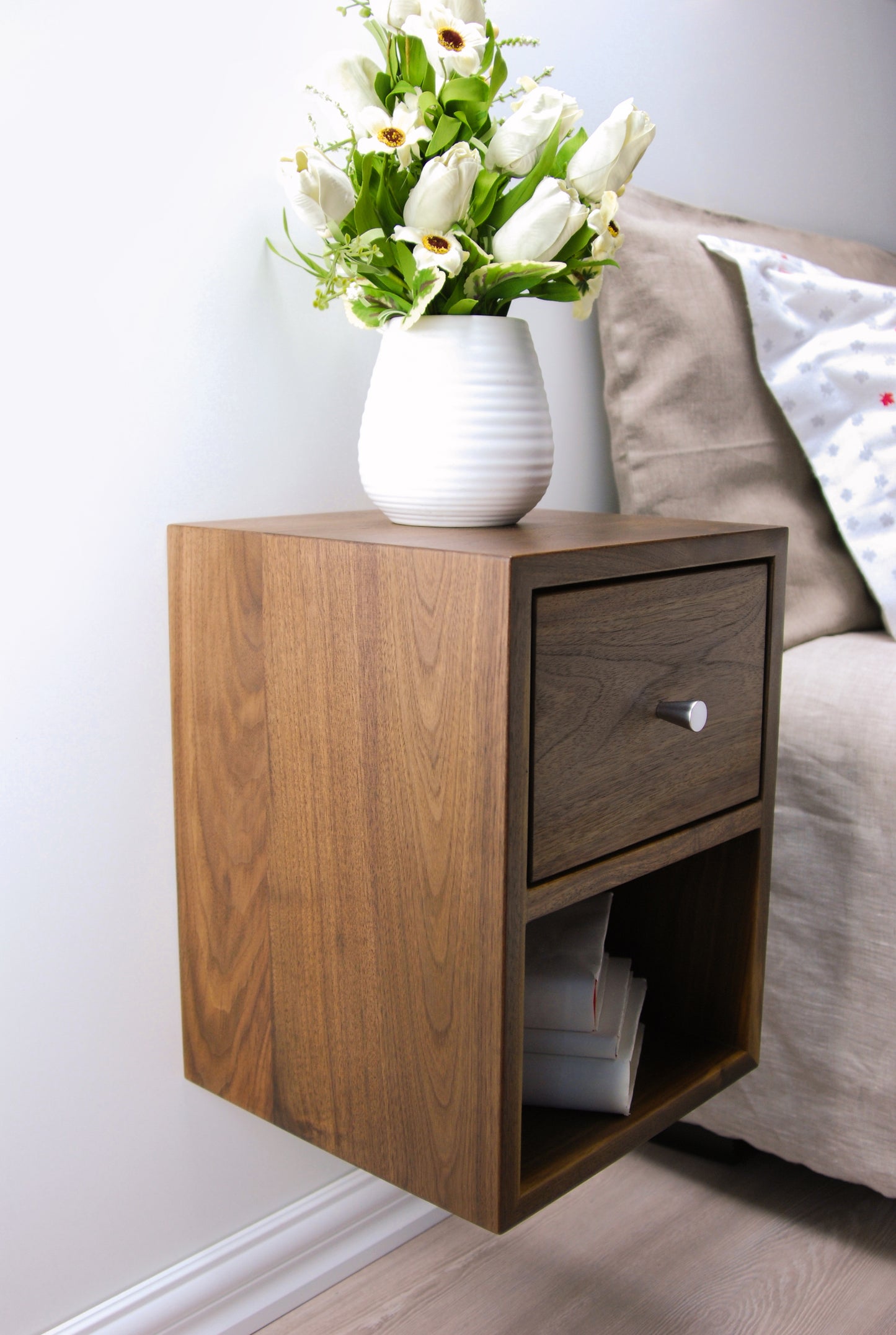 Solid Walnut Wood Compact Floating Nightstand with Drawer and Open Shelf / Wood Hanging Bedside Table / Scandinavian / Mid-century / Modern