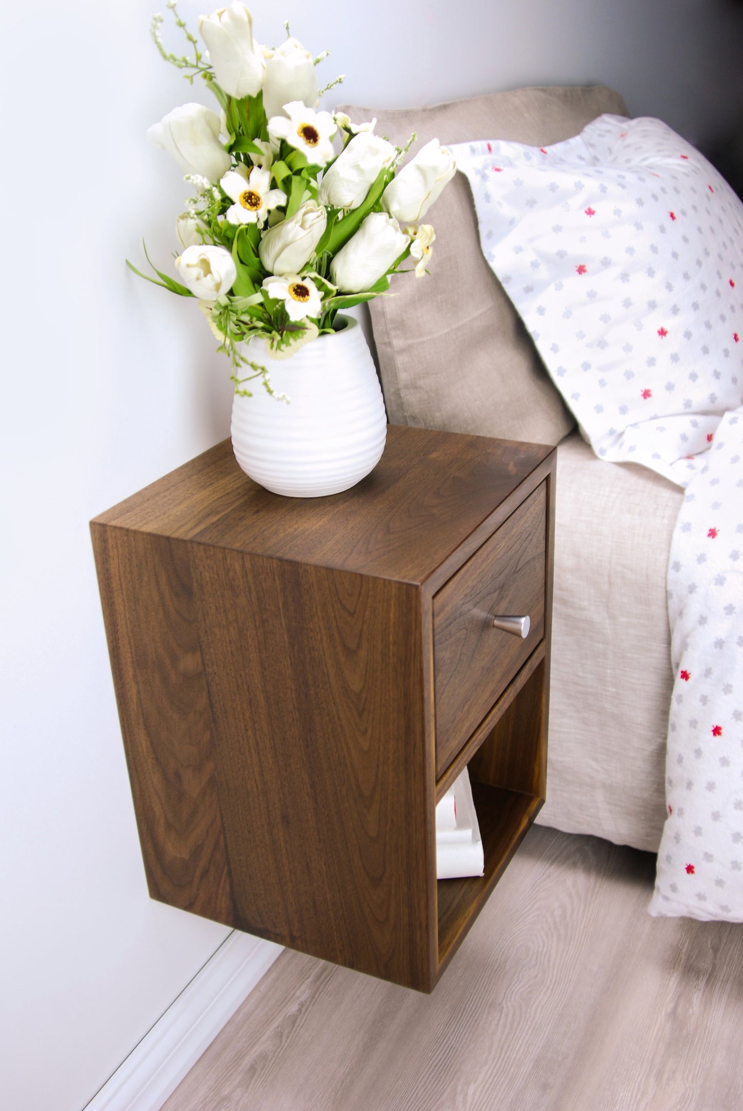 Solid Walnut Wood Compact Floating Nightstand with Drawer and Open Shelf / Wood Hanging Bedside Table / Scandinavian / Mid-century / Modern
