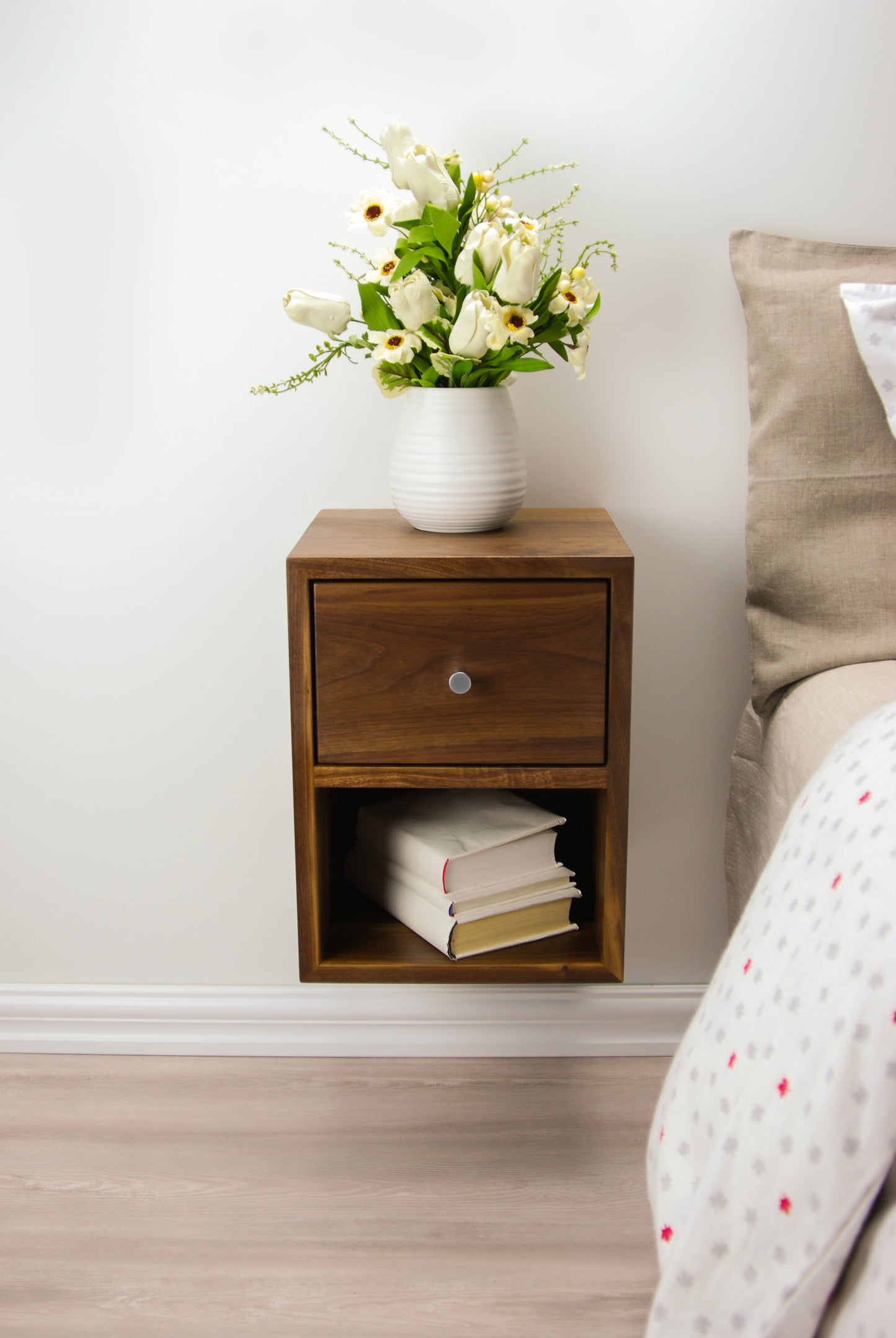 Solid Walnut Wood Compact Floating Nightstand with Drawer and Open Shelf / Wood Hanging Bedside Table / Scandinavian / Mid-century / Modern