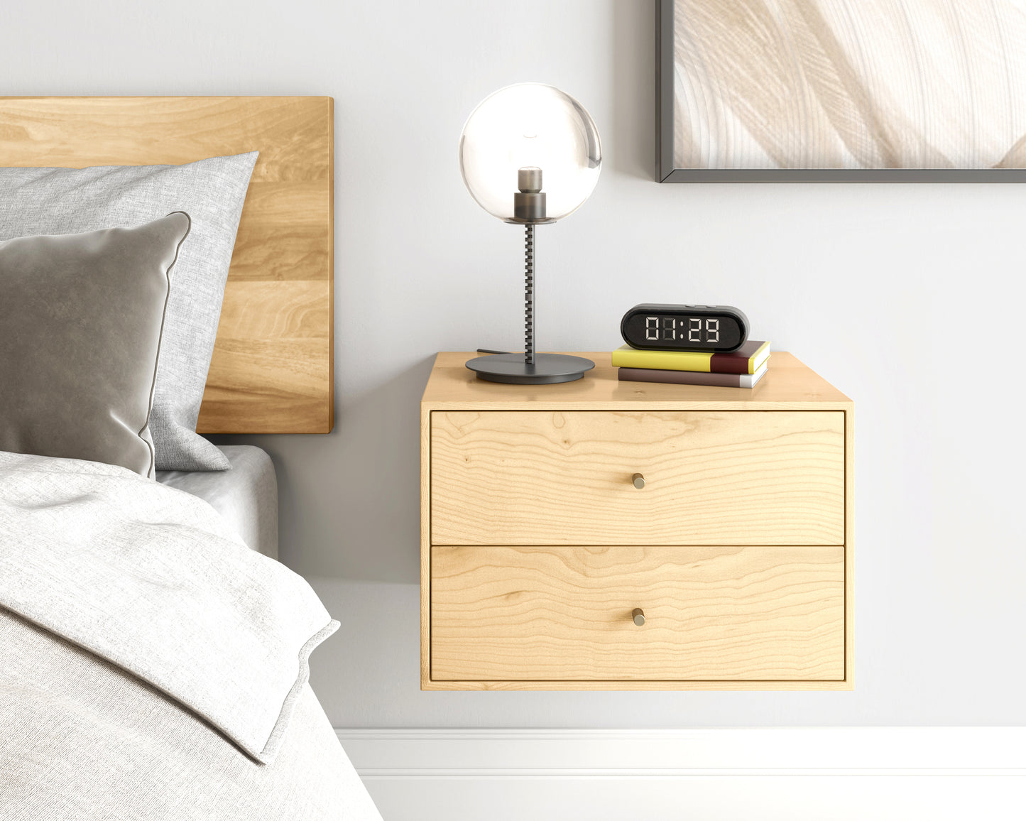 Floating nightstand with 2 drawers in solid Maple / Mid Century Modern Bedside Table / Minimalist