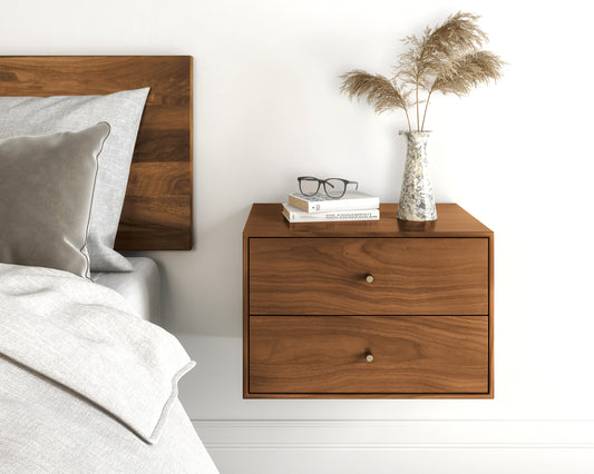 Floating nightstand with 2 drawers in solid Black Walnut / Mid Century Modern Bedside Table / Minimalist