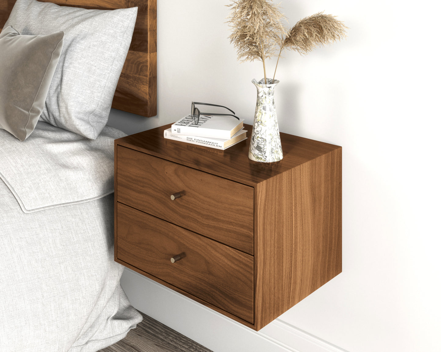Floating nightstand with 2 drawers in solid Black Walnut / Mid Century Modern Bedside Table / Minimalist