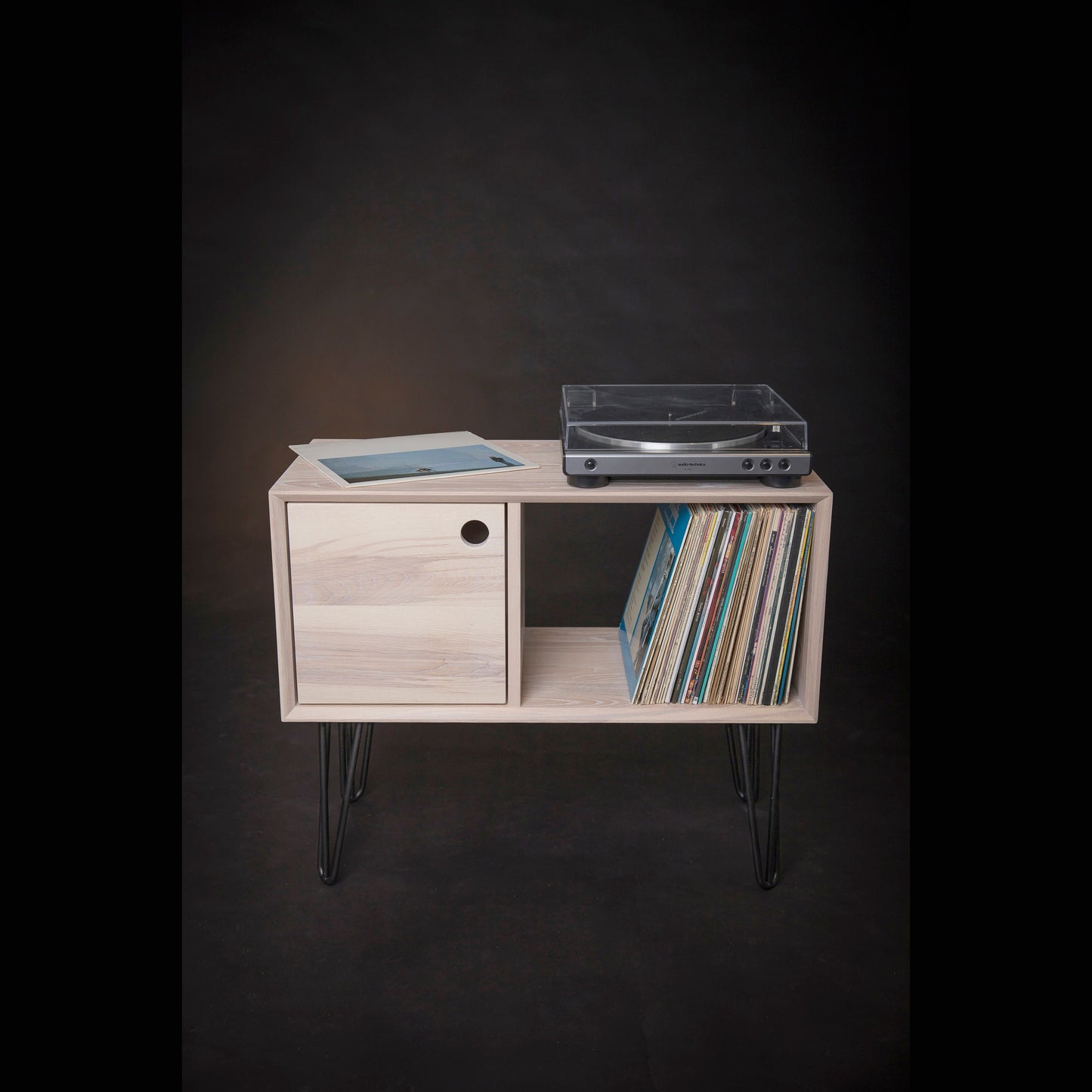 Vinyl Record Console, Record Player Stand, Ash Wood Vinyl Record Storage, Solid Wood Turntable Stand, Media Center, Mid-century Modern