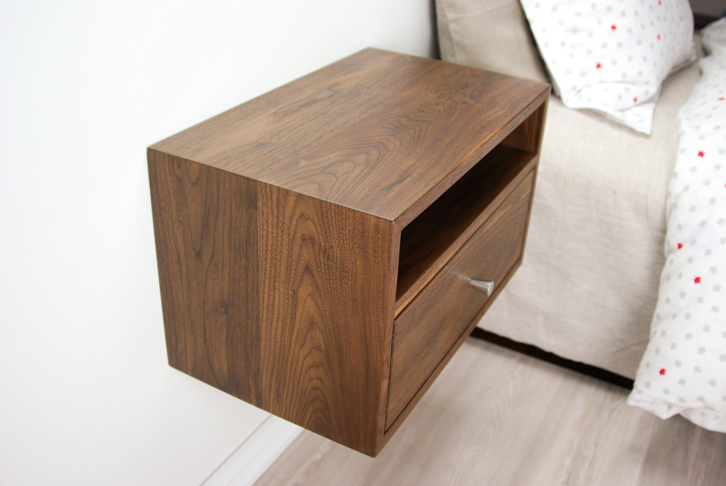 Floating Nightstand with Drawer and Open Shelf / Solid Walnut Wood Hanging Bedside Table / Scandinavian / Mid-century / Modern / Minimalist