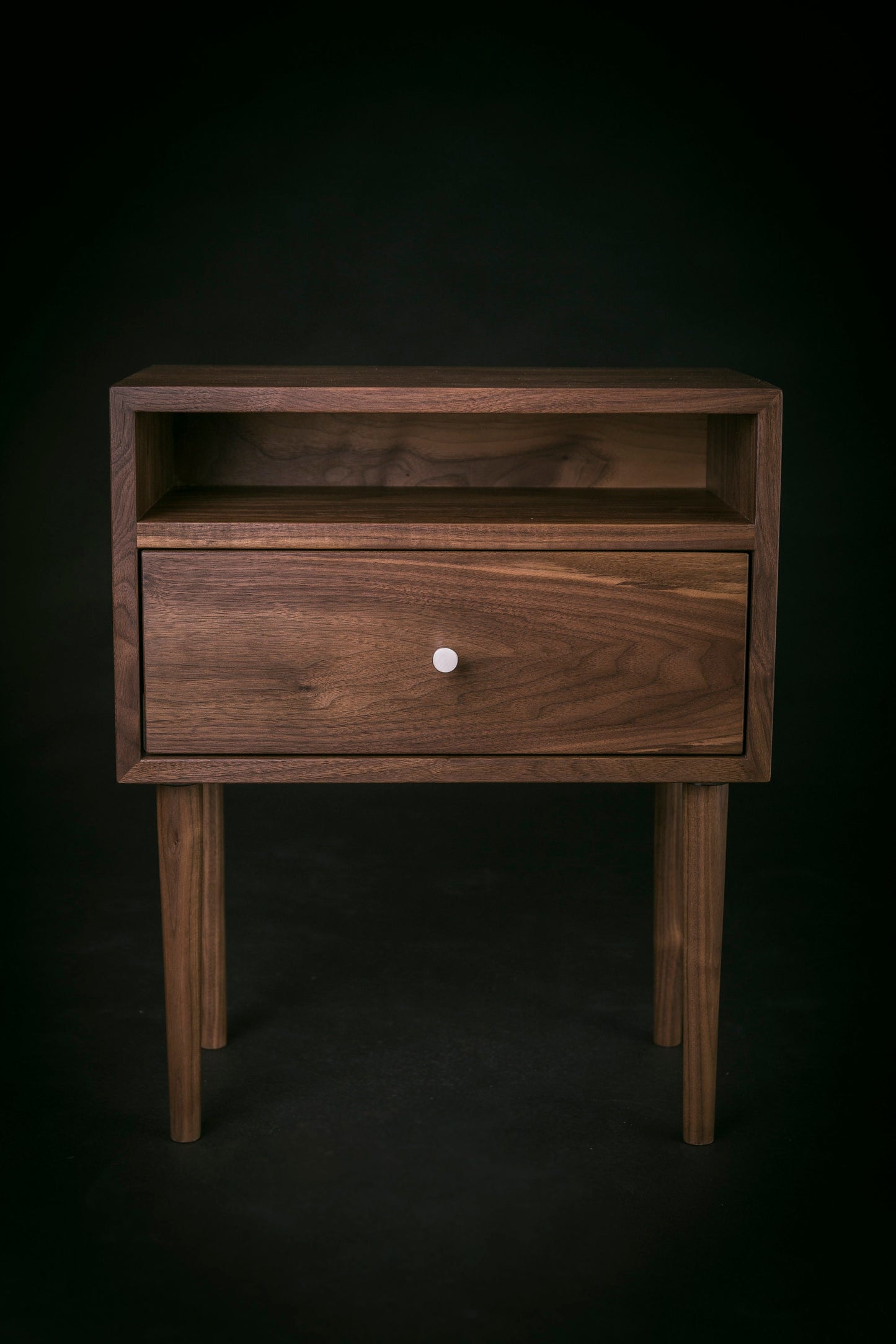 Solid Walnut Wood Mid-century Nightstand with Open Shelf and Drawer / Solid Walnut Wood Bedside Table