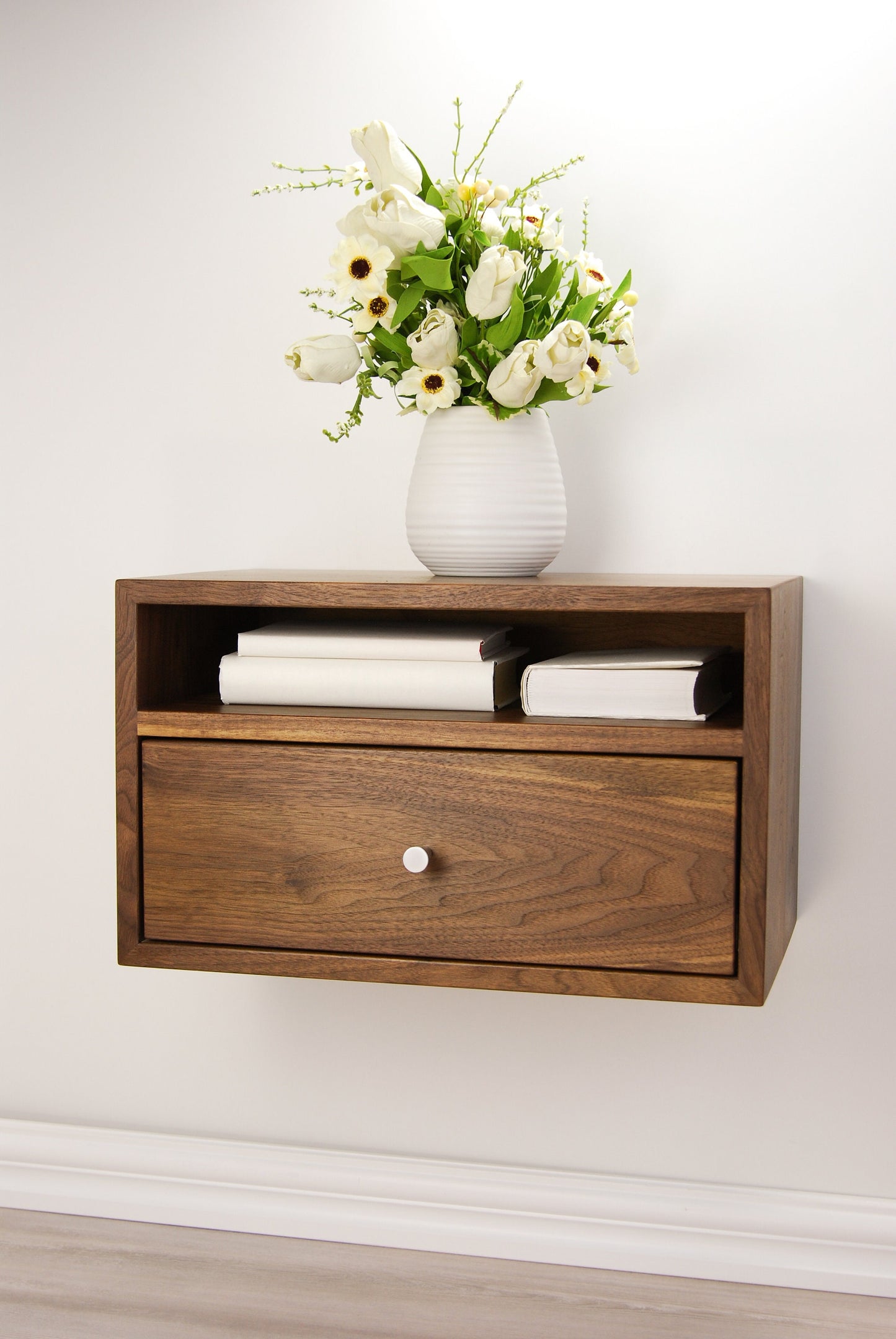 Floating Nightstand with Drawer and Open Shelf / Solid Walnut Wood Hanging Bedside Table / Scandinavian / Mid-century / Modern / Minimalist