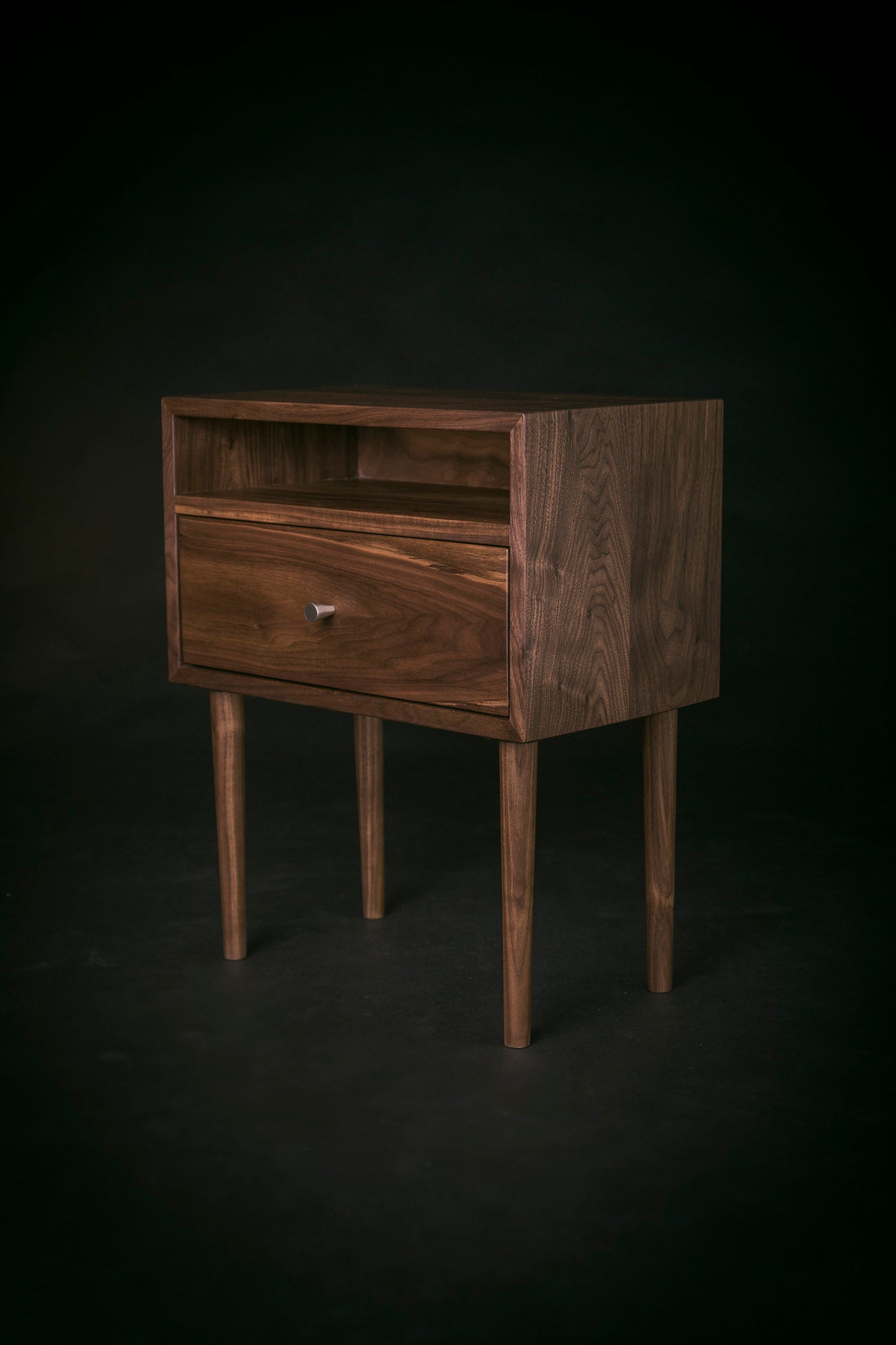 Solid Walnut Wood Mid-century Nightstand with Open Shelf and Drawer / Solid Walnut Wood Bedside Table