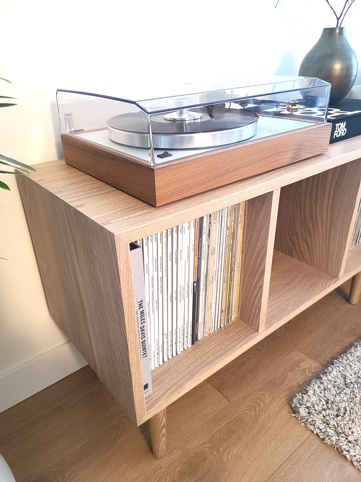 Solid White Oak Vinyl Record Console, Turntable Stand, Storage Record Player Table, Media Center, Mid-Century Modern
