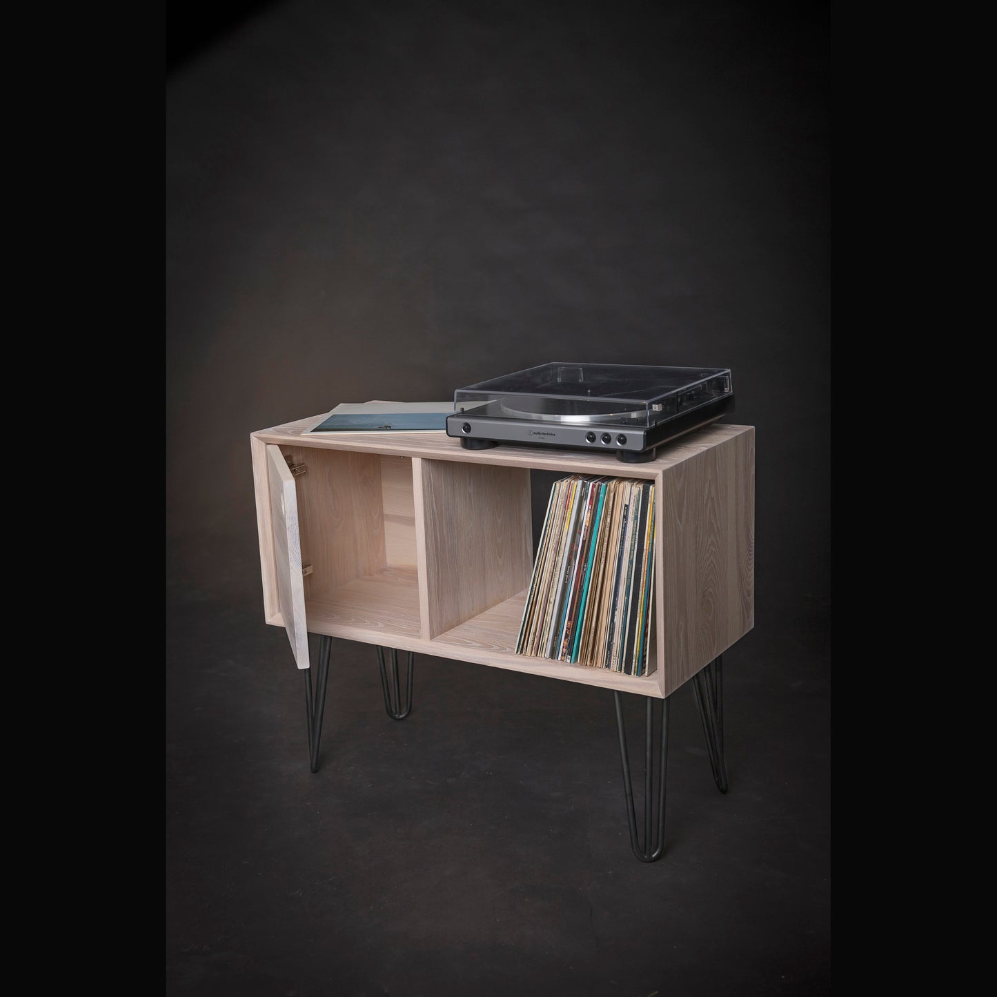 Vinyl Record Console, Record Player Stand, Ash Wood Vinyl Record Storage, Solid Wood Turntable Stand, Media Center, Mid-century Modern