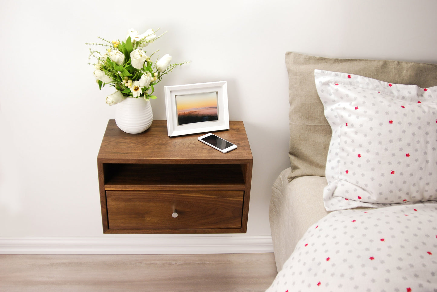 Floating Nightstand with Drawer and Open Shelf / Solid Walnut Wood Hanging Bedside Table / Scandinavian / Mid-century / Modern / Minimalist