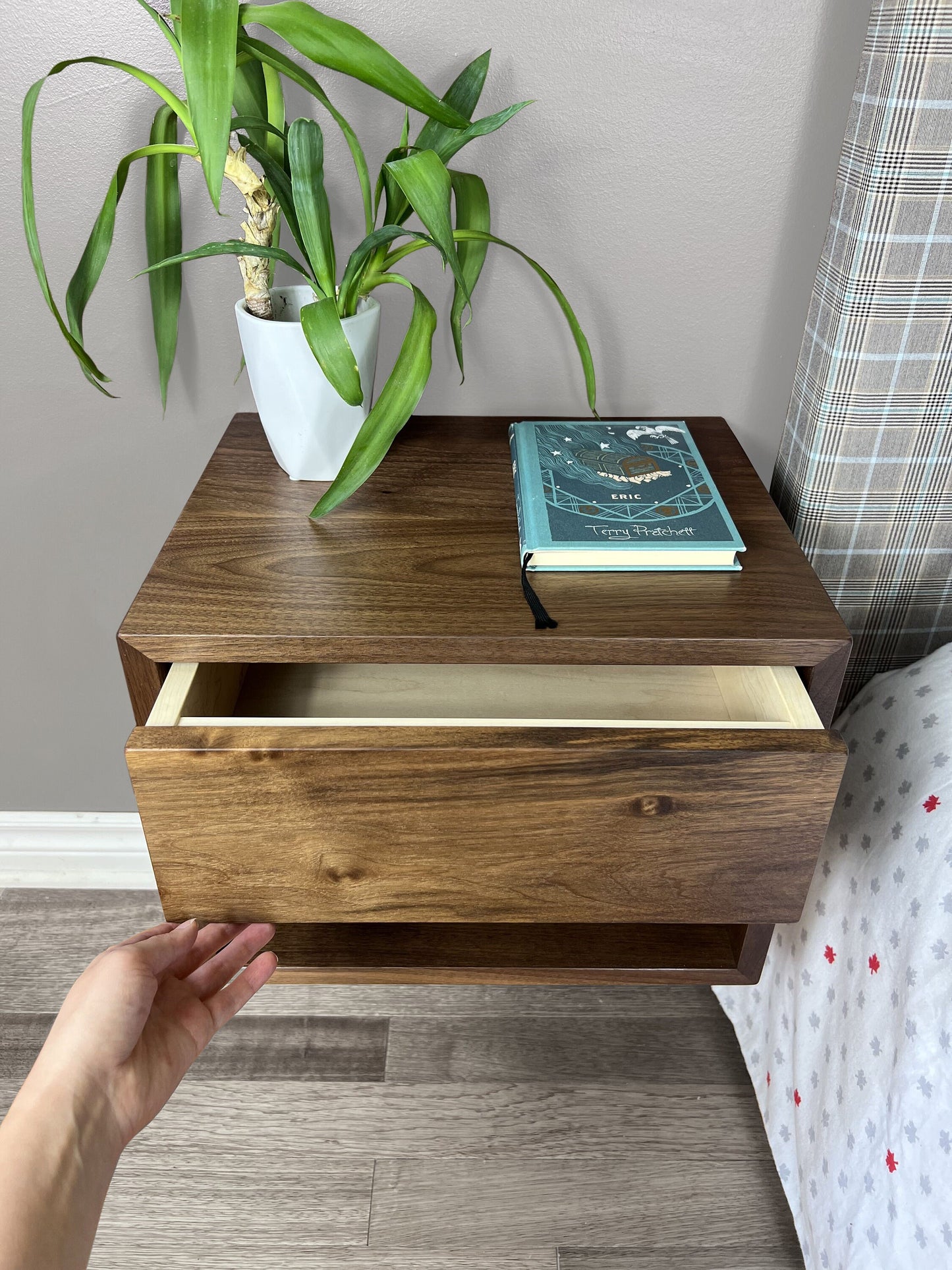 Floating Nightstand with Drawer and Open Shelf / Solid Walnut Wood Hanging Bedside Table / Scandinavian / Mid-century / Modern / Minimalist