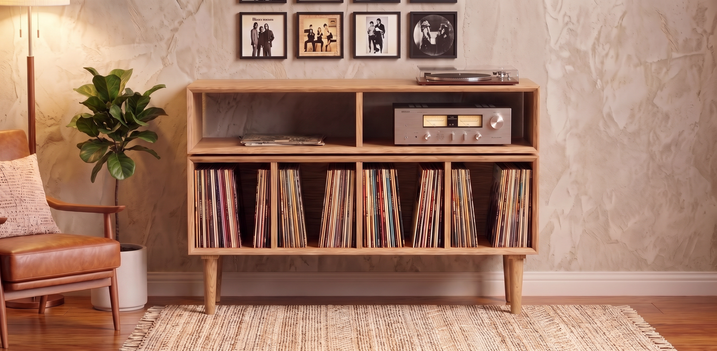 Solid White Oak Vinyl Record Console, Turntable Stand, Storage Record Player Table, Media Center, Mid-Century Modern