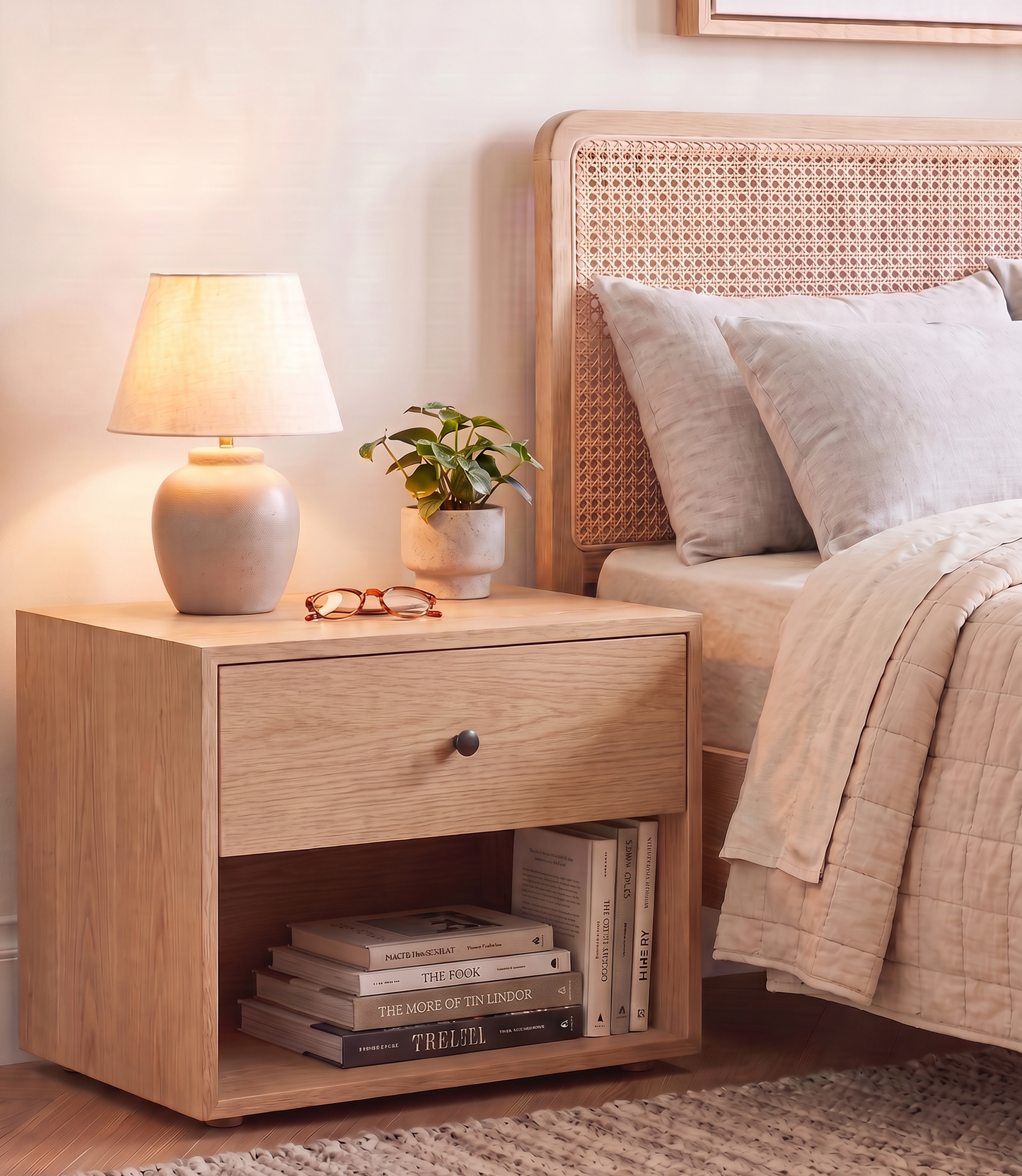 Minimalist Solid White Oak Bedside Table / Nightstand with Drawer