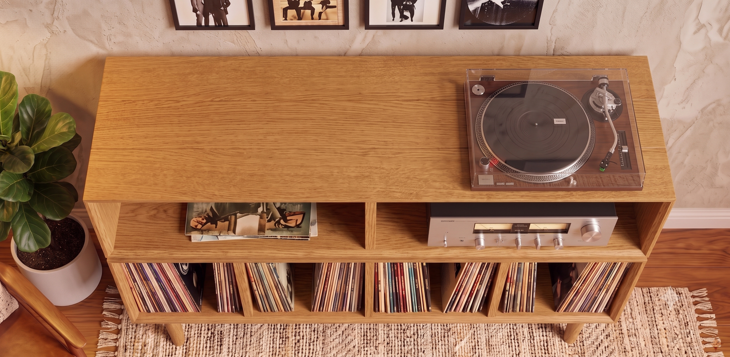Solid White Oak Vinyl Record Console, Turntable Stand, Storage Record Player Table, Media Center, Mid-Century Modern