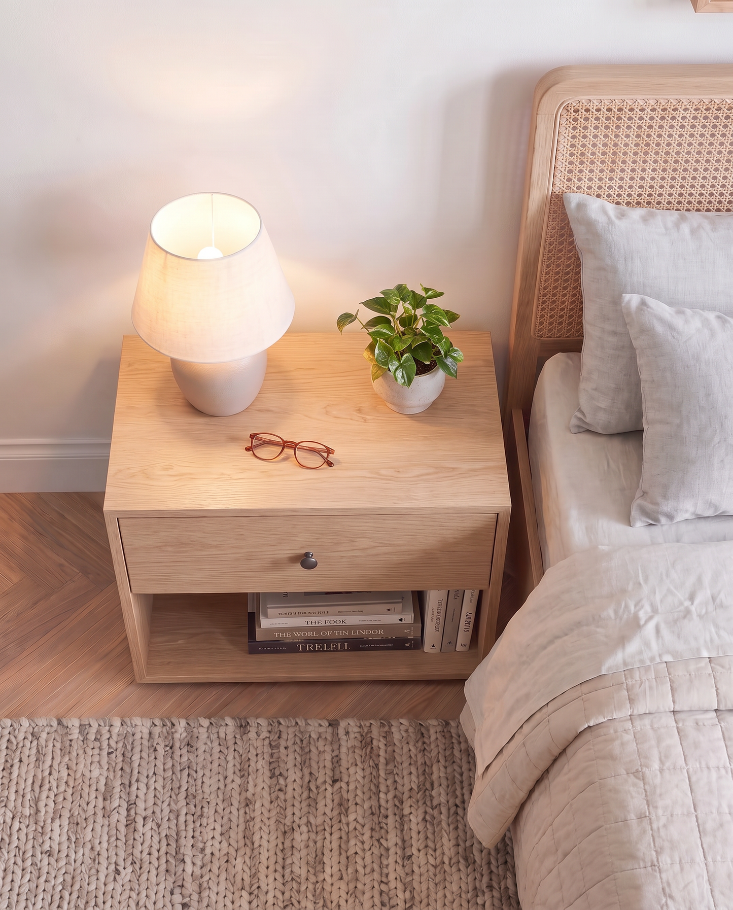 Minimalist Solid White Oak Bedside Table / Nightstand with Drawer