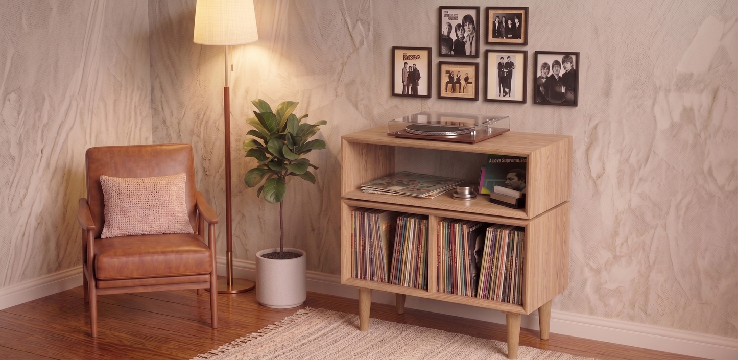 Solid White Oak Vinyl Record Console, Turntable Stand, Storage Record Player Table, Media Center, Mid-Century Modern