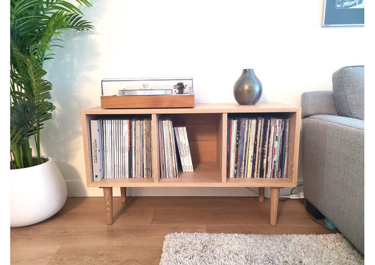 Solid White Oak Vinyl Record Console, Turntable Stand, Storage Record Player Table, Media Center, Mid-Century Modern