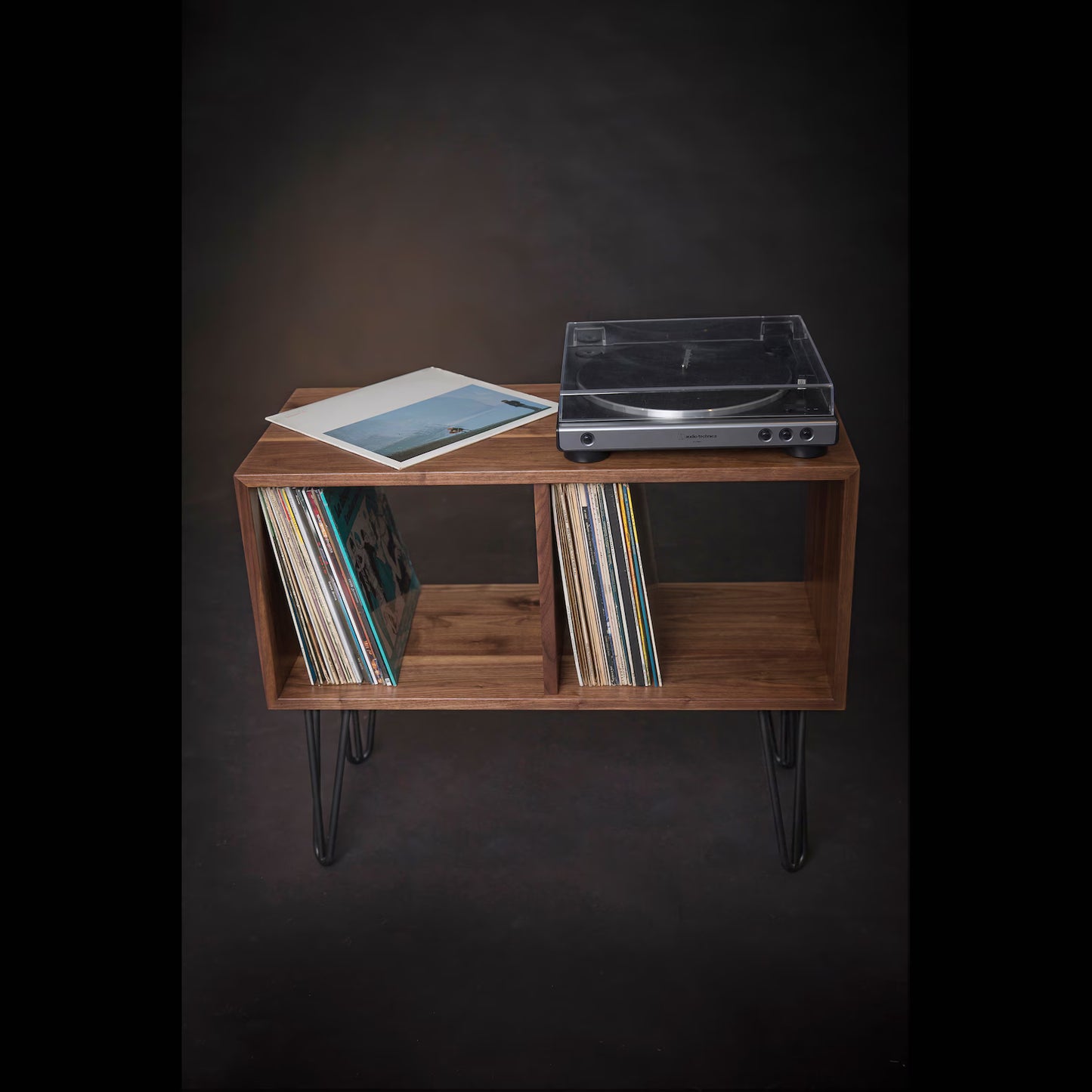 Vinyl Record Console, Turntable Stand, Solid Walnut Wood Storage on Hairpin Legs, Record Player Table, Mid-Century Modern
